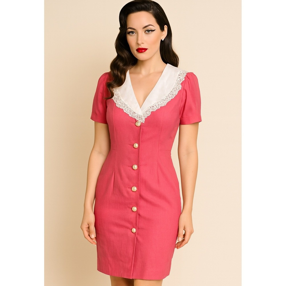 Young Edwardian Vintage Pink Lace Collar Button Front Mini Dress Size 13 Pin Up